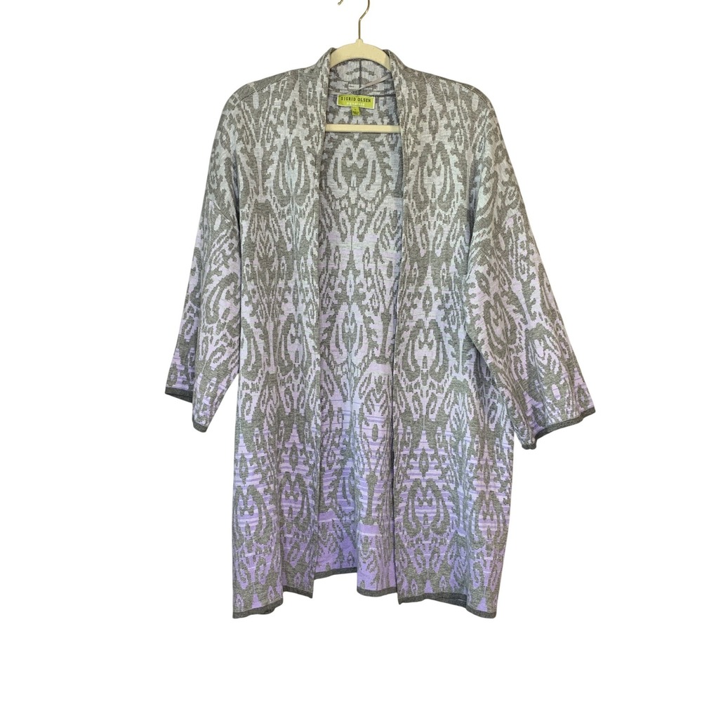 Sigrid‎ Olsen Signature Open Front Cardigan Sweater Ikat Gray Lavender Size  L